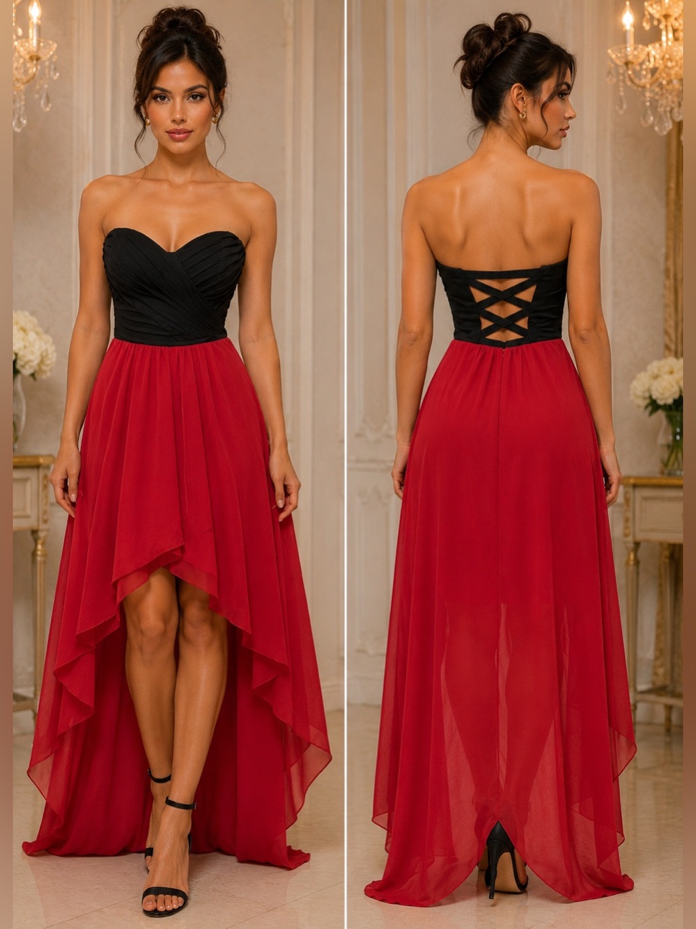 Casting LA NWOT Black Red Strapless Pleated Bodice Lace Up High Low Dress Size M
